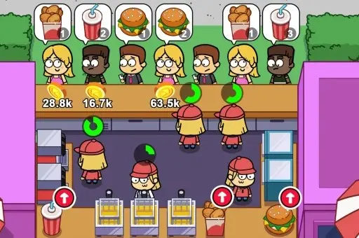 Jogo de simulação de restaurante com visual cartoon. Atenda clientes servindo hambúrgueres, batatas fritas e refrigerantes, gerencie funcionários e melhore máquinas para expandir o negócio. Gameplay casual e estratégico com múltiplos níveis e cidades para